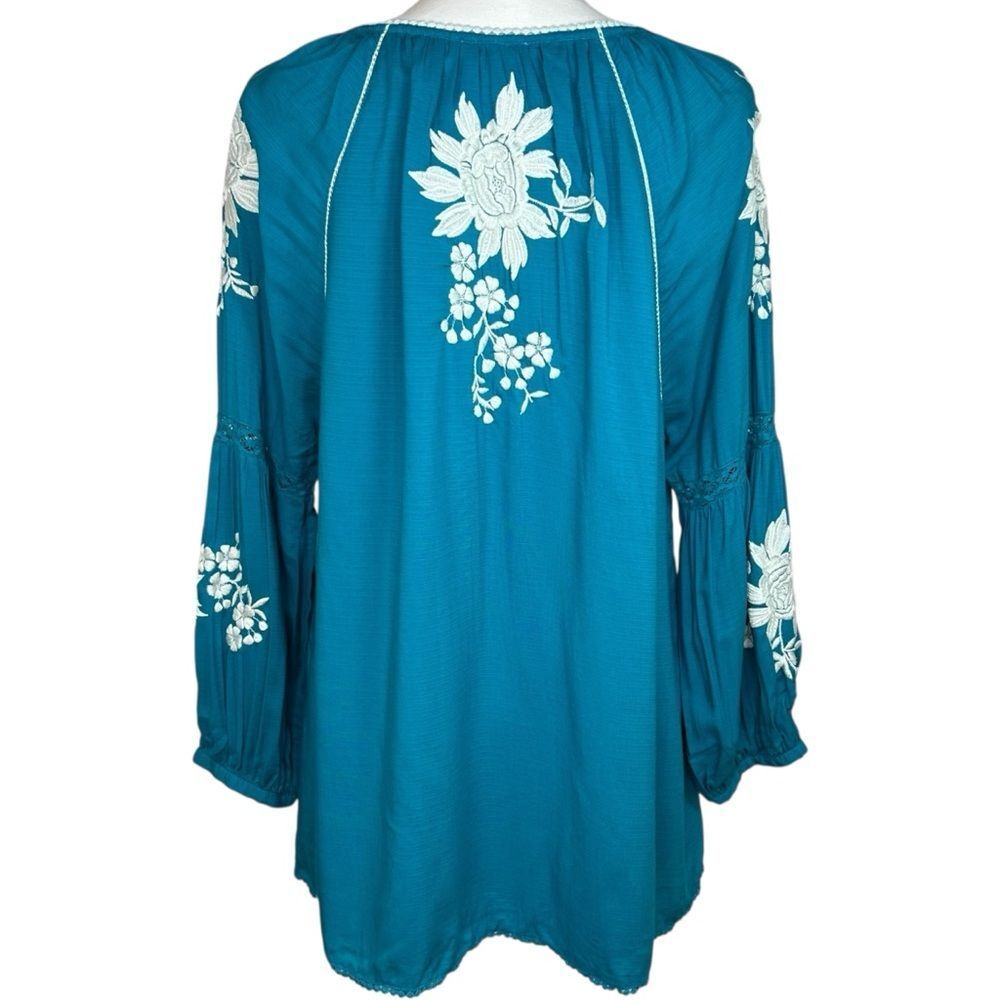Sundance Naomi‎ Isles Embroidered Boho Peasant Blouse Teal Blue PM Petite Medium - Picture 3 of 5